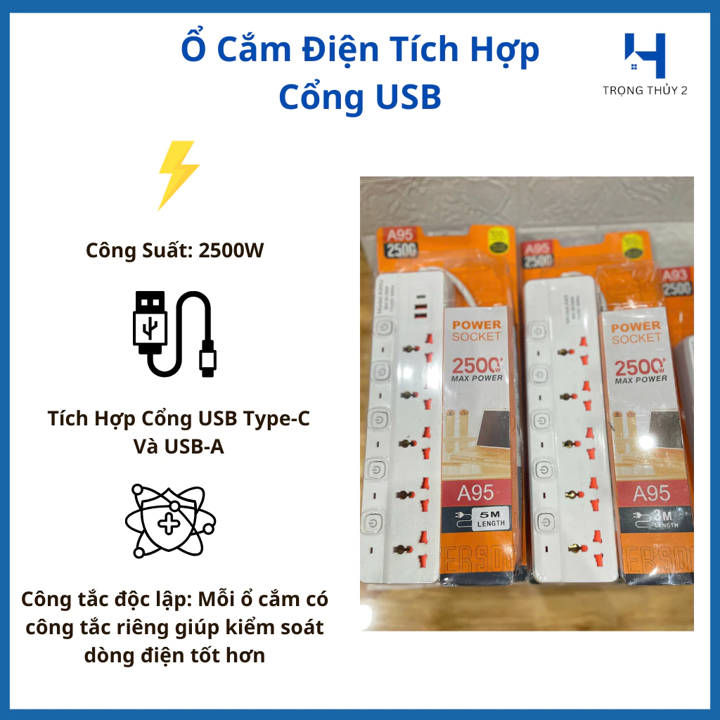 Ổ Cắm Điện USB Đa Năng Cao Cấp GN 2500W - 3 Cổng Cắm Sạc USB, Có Công Tắc An Toàn Tiện Dụng