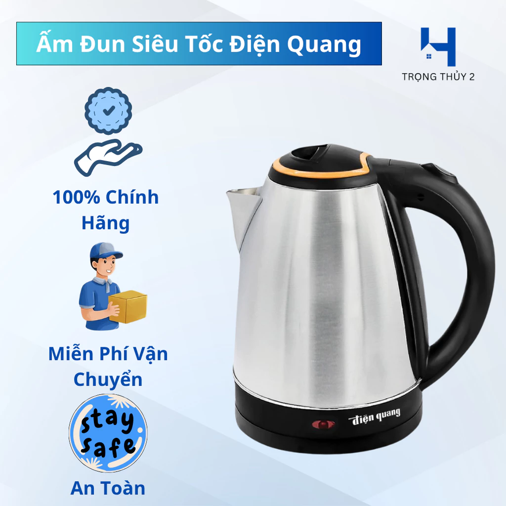 [CHÍNH HÃNG] Ấm Đun Siêu Tốc Điện Quang 1.8L - Inox 304, Tự Ngắt, Đế Xoay 360° - Bảo Hành 12 Tháng
