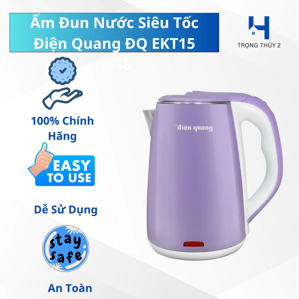 Ấm Đun Nước Siêu Tốc Điện Quang ĐQ EKT15 1518 – Inox Cao Cấp – Đế Xoay 360° – Tự Động Ngắt Điện