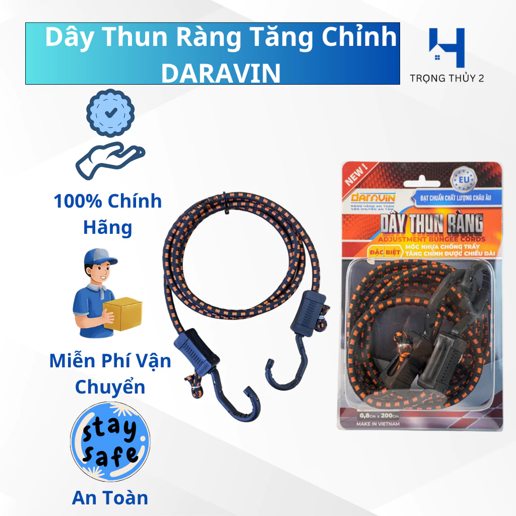 Dây Thun Ràng Hàng Daravin Lõi Thép Móc Nhựa Co Giãn Điều Chỉnh Chiều Dài 2M 3M 4M