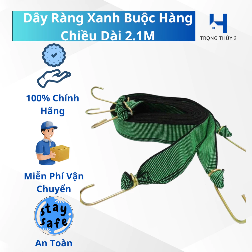 Dây Thun Ràng Hàng 2.1M Móc Sắt 2 Đầu – Dây Chằng Đồ Co Giãn Màu Xanh Chắc Chắn, Tiện Dụng, Bền Bỉ