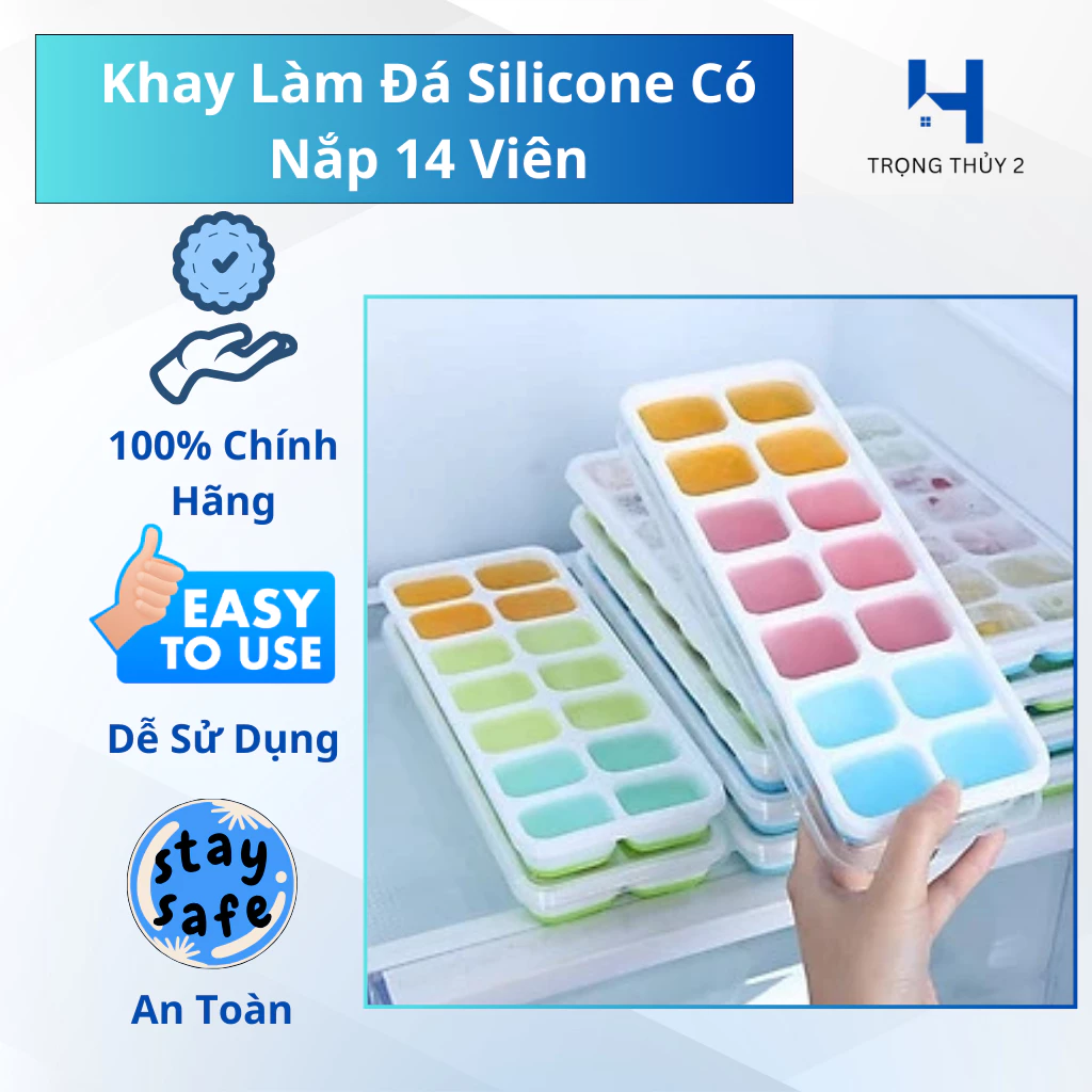 Khay Làm Đá Silicone Có Nắp Đậy Trong Suốt Chống Mùi -14 Viên, An Toàn, Bền Bỉ, Tiện Dụng