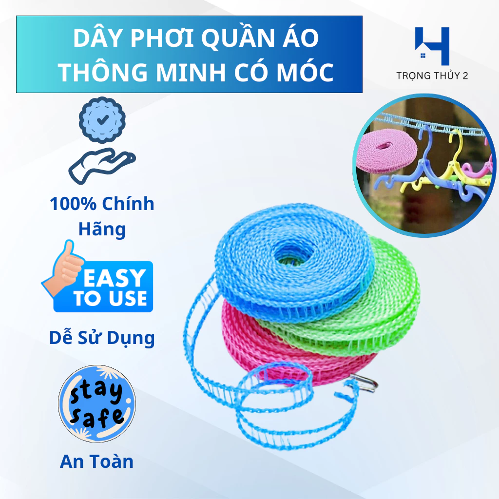 Dây Phơi Quần Áo Thông Minh Có Móc Chống Trượt 3M, 5M, 8M,10M – Chắc Chắn, Bền Bỉ, Dễ Sử Dụng