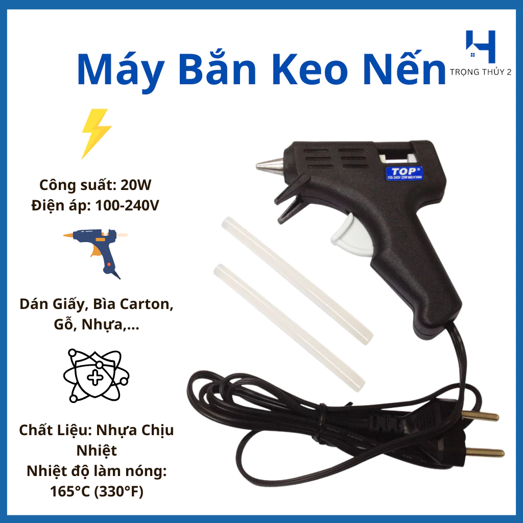 Súng Bắn Keo Nến Đài Loan TOP 20W – Nhỏ Gọn, Nóng Nhanh, Dán Giấy, Nhựa, Gỗ - Tặng Kèm 2 Cây Keo Nến