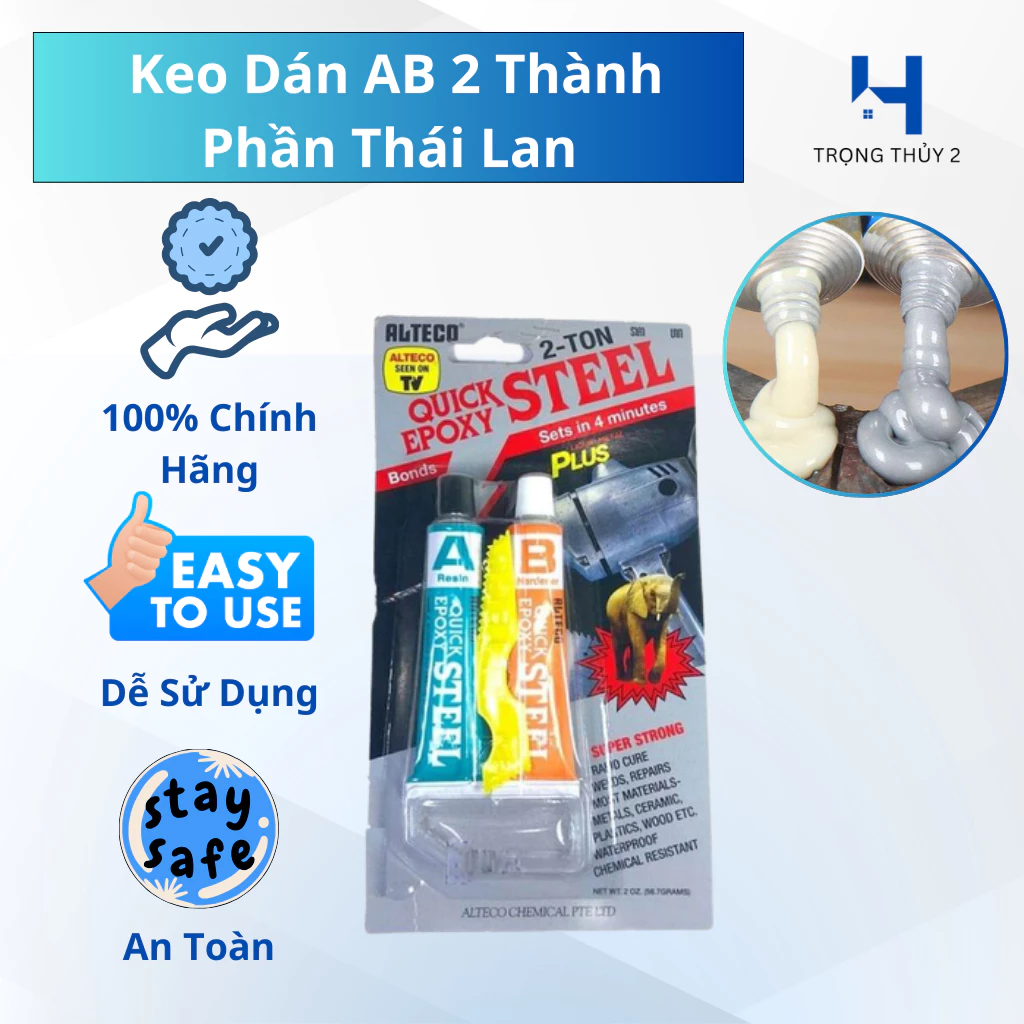 Keo Dán AB 2 Thành Phần ALTECO Quick Epoxy Steel Siêu Cứng – Dán Kim Loại, Gỗ, Nhựa, Gốm, Bê Tông