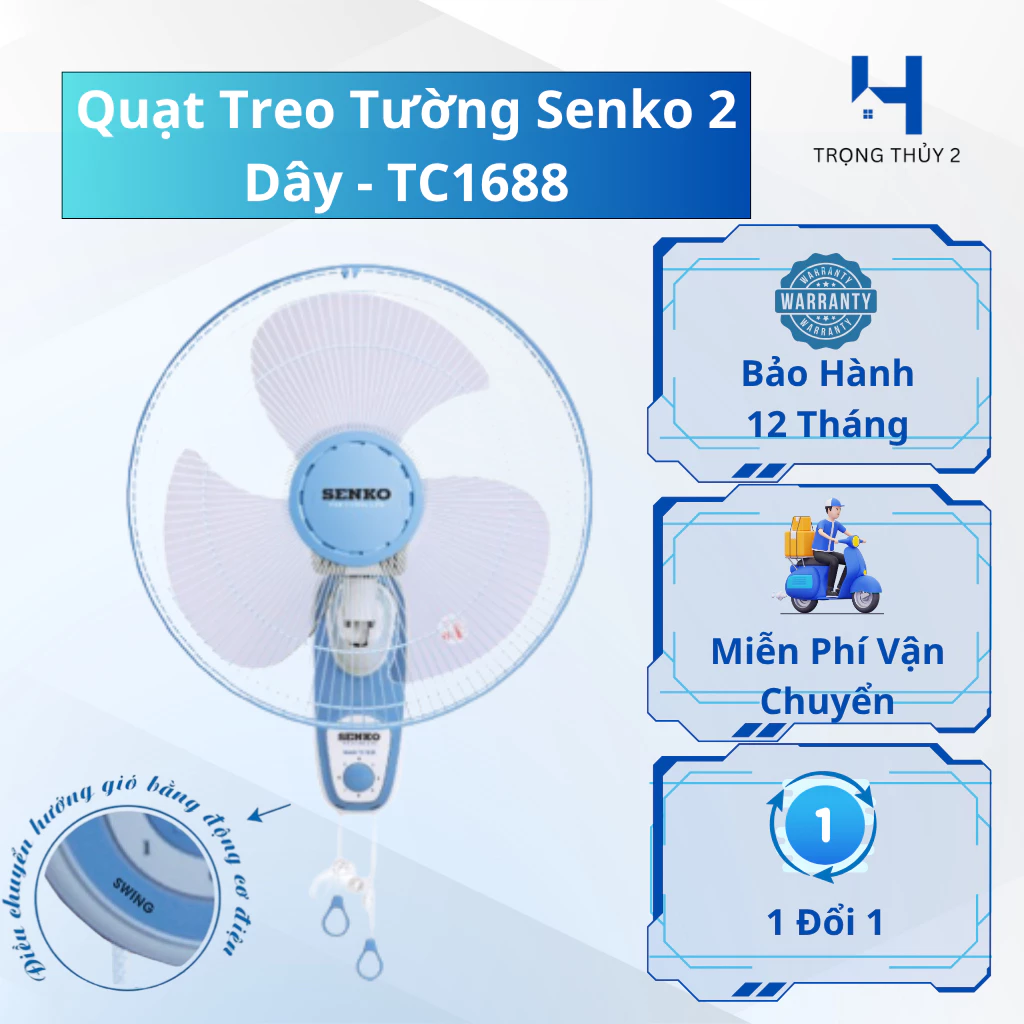 Quạt Treo Tường Senko TC1688 – 2 Dây Kéo – Công Suất 47W – Gió Mạnh Êm – Hàng Chính Hãng