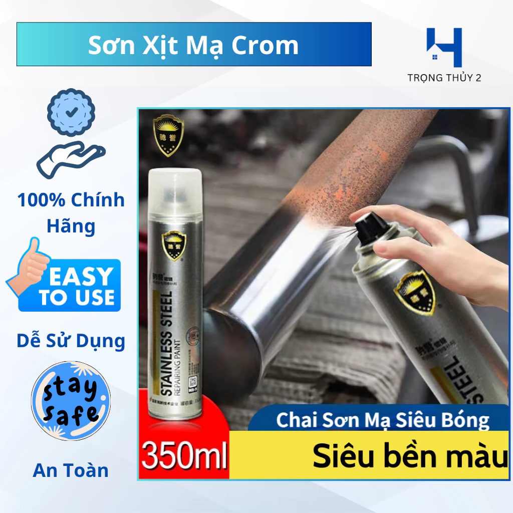 Sơn Xịt Mạ Crom Inox 350ml – Màu Bạc Ánh Kim – Sơn Xịt Kim Loại, Đồ Gỗ, Nhựa – Bám Dính Tốt, Mau Khô
